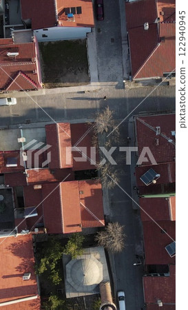 Top aerial drone view house roofs Top aerial drone view house roofs 122940945