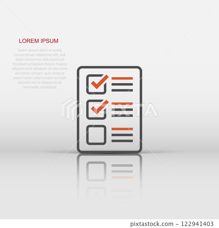 Checklist document sign icon in flat style. Survey vector illustration on white isolated background. Check mark banner business concept. 122941403
