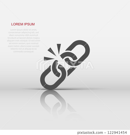 Broken chain sign icon in flat style. Disconnect link vector illustration on white isolated background. Detach business concept. Broken chain sign icon in flat style. Disconnect link vector illustration on white isolated background. Detach business concept. 122941454