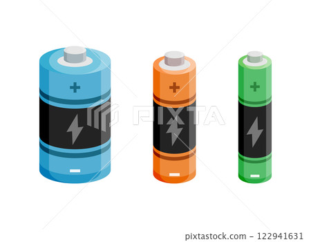 Alkaline battery set icon in flat style. Different size accumulator vector illustration on isolated background. Accumulator recharge sign business concept. 122941631