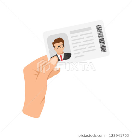 Hand holding driver license icon in flat style. Identification document vector illustration on isolated background. Profile card sign business concept. Hand holding driver license icon in flat style. Identification document vector illustration on isolated background. Profile card sign business concept. 122941703