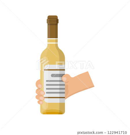 Hand holding wine bottle icon in flat style. Alcohol drink vector illustration on isolated background. Champagne beverage sign business concept. 122941710