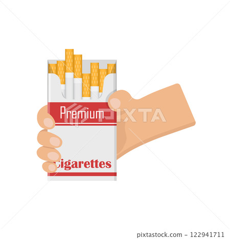Hand holding packet of cigarettes icon in flat style. Smoking vector illustration on isolated background. Tobacco box sign business concept. Hand holding packet of cigarettes icon in flat style. Smoking vector illustration on isolated background. Tobacco box sign business concept. 122941711