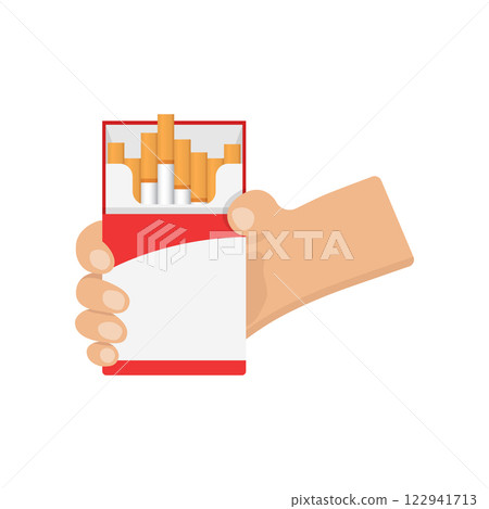 Hand holding packet of cigarettes icon in flat style. Smoking vector illustration on isolated background. Tobacco box sign business concept. 122941713