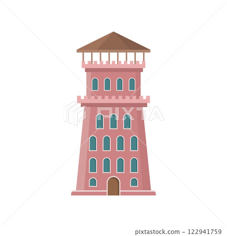 Castle tower icon in flat style. Medieval citadel vector illustration on isolated background. Stronghold building sign business concept. 122941759