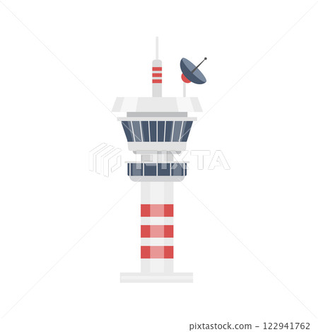Flight control tower icon in flat style. Navigation monitor vector illustration on isolated background. Airport building sign business concept. 122941762