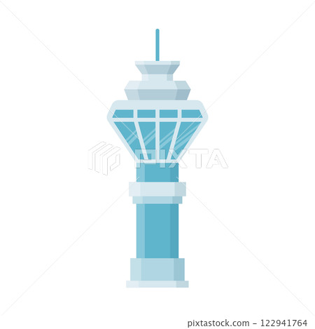 Flight control tower icon in flat style. Navigation monitor vector illustration on isolated background. Airport building sign business concept. 122941764