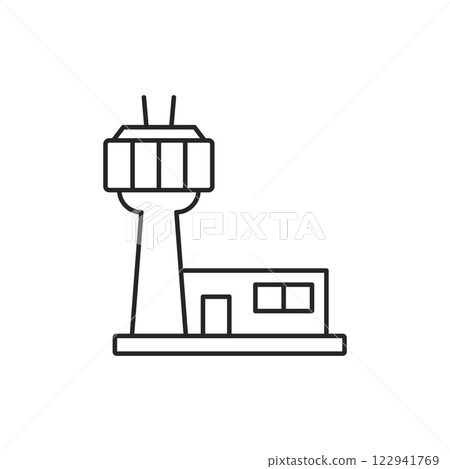 Flight control tower icon in flat style. Navigation monitor vector illustration on isolated background. Airport building sign business concept. 122941769