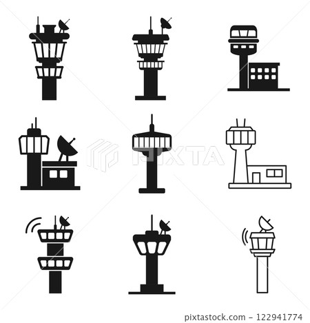 Flight control tower icon set in flat style. Navigation monitor vector illustration on isolated background. Airport building sign business concept. Flight control tower icon set in flat style. Navigation monitor vector illustration on isolated background. Airport building sign business concept. 122941774