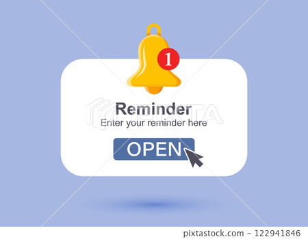Reminder notifications page with alert bell icon in flat style. Event notice message vector illustration on isolated background. Announcement notice sign business concept. Reminder notifications page with alert bell icon in flat style. Event notice message vector illustration on isolated background. Announcement notice sign business concept. 122941846