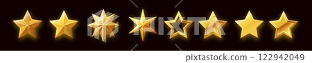 Five stars gold icon. Stars rating review icon.Vector stars set of realistic metallic golden stars isolated on black background. Symbol wye of leadership. Vector illustration 122942049
