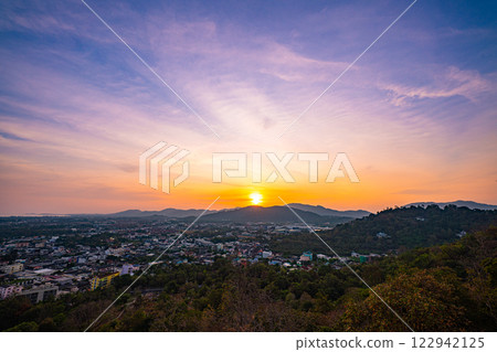 Aerial view of Sunset Over Mountain Town 122942125
