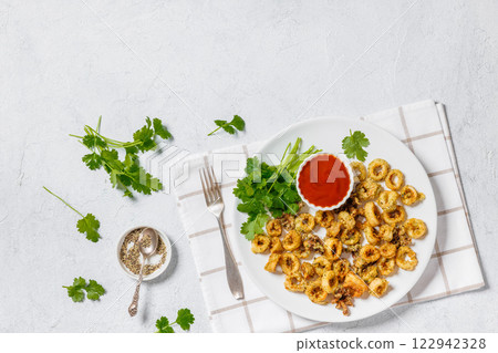 deep fried battered baby squid rings and tentacles 122942328