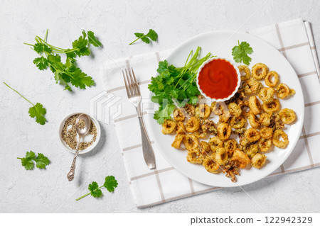 deep fried battered baby squid rings and tentacles 122942329