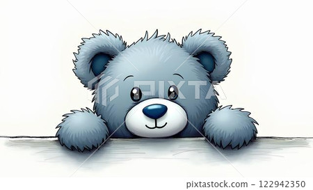 Sketch, illustration of a cute gray-blue teddy bear in cartoon style peeking out from behind the edge of a surface on a white background with space for text. Sketch, illustration of a cute gray-blue teddy bear in cartoon style peeking out from behind the edge of a surface on a white background with space for text. 122942350