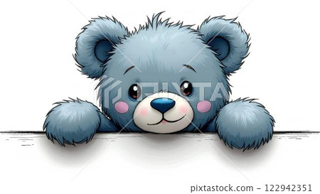 Sketch, illustration of a cute gray-blue teddy bear in cartoon style peeking out from behind the edge of a surface on a white background with space for text. Sketch, illustration of a cute gray-blue teddy bear in cartoon style peeking out from behind the edge of a surface on a white background with space for text. 122942351
