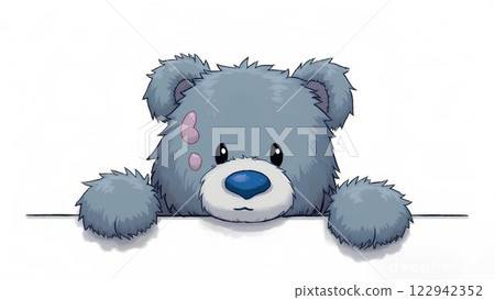 Sketch, illustration of a cute gray-blue teddy bear in cartoon style peeking out from behind the edge of a surface on a white background with space for text. 122942352