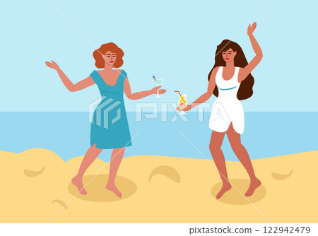 Two young women with cocktails dancing on the beach Two young women with cocktails dancing on the beach 122942479