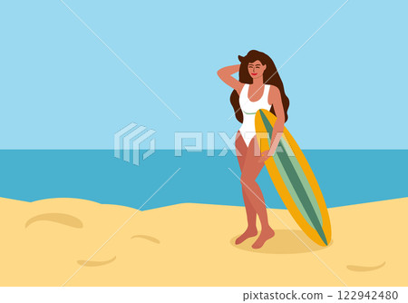 Young tanned woman in swimsuit with surfboard on beach Young tanned woman in swimsuit with surfboard on beach 122942480