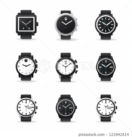 Set of nine black wristwatches with different styles and designs isolated on white background 122942814