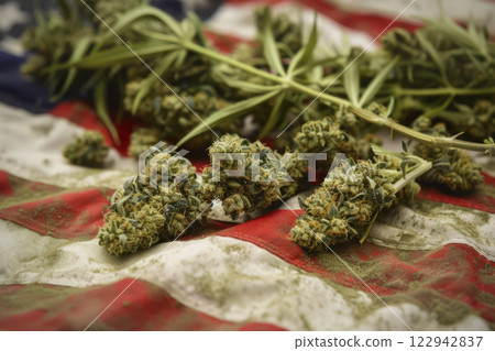 Marijuana on the background of the US flag. Generative AI 122942837