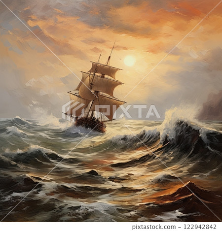 Dramatic painting of a tall ship battling stormy seas under a setting sun 122942842