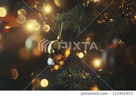 Christmas tree with toys on the background. Generative AI 122942853