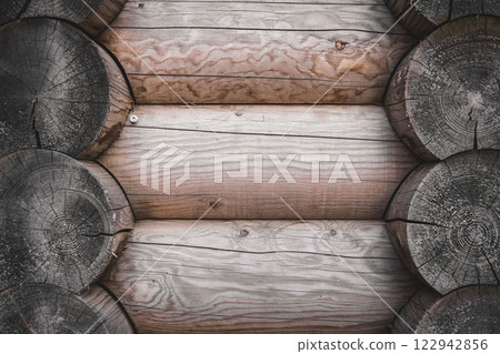texture of a wooden wall made of logs, light wood texture. wooden house.  122942856