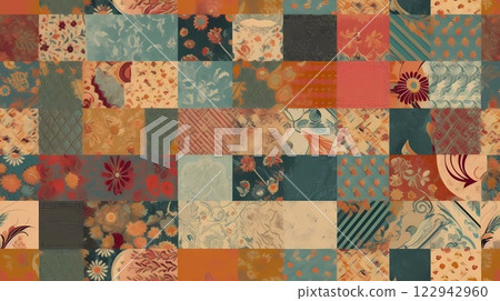 seamless patchwork pattern featuring an eclectic mix floral, geometric, textured designs in warm tones of teal, orange, beige. Design combines classic and modern elements a creative, intricate layout 122942960