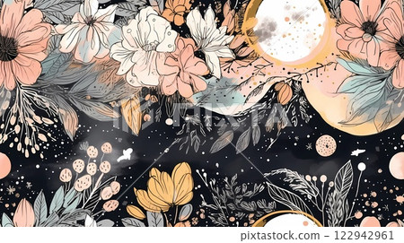 seamless floral pattern with pastel flowers like peach, white, and yellow, set against a dark starry sky with the moon. Design botanical elements, leaves, and cosmic touches delicate hand-drawn style 122942961