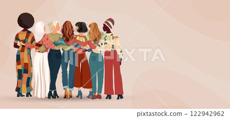 Back view of a group of multicultural women embracing each other. Diversity - inclusion - equality - girl power or empowerment concept. International Women s Day. Banner copy space 122942962