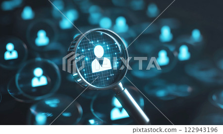 Magnifying glass zooming in on user icons in a digital network Magnifying glass zooming in on user icons in a digital network 122943196