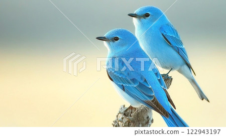 Two blue birds perched on a branch 122943197