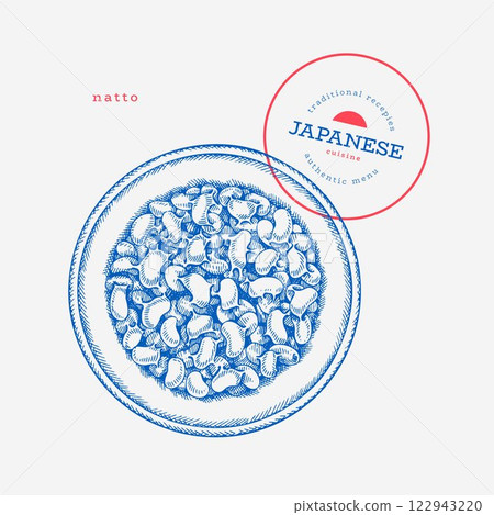 Natto Japanese Cuisine Illustration. Fermented Soy Bean Hand Drawn Vector Illustrations. Retro Asian Food Isolated Image. 122943220