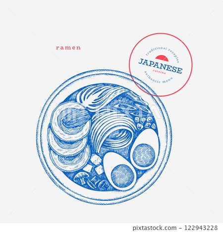 Ramen Japanese Cuisine Illustration. Noodle Soup Hand Drawn Vector Illustrations. Retro Asian Food Isolated Image. 122943228