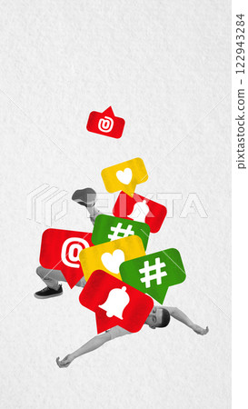 Man buried under pile of colorful social media notifications against white background. Overwhelming pressure from digital interactions and notifications overload. 122943284