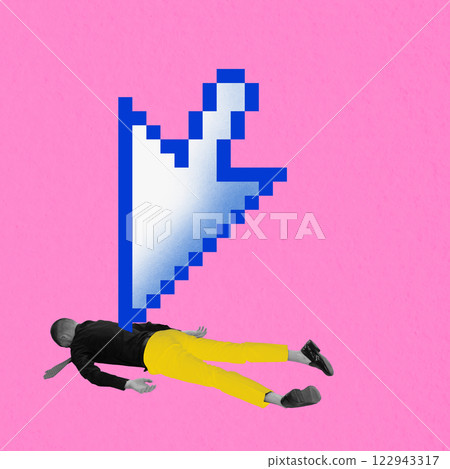 Man in black shirt and yellow pants lying under large pixelated cursor against pink background. Digital pressure and overwhelming online presence. Man in black shirt and yellow pants lying under large pixelated cursor against pink background. Digital pressure and overwhelming online presence. 122943317