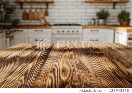 Empty Wooden Tabletop with Blurred Kitchen Scene 122943326