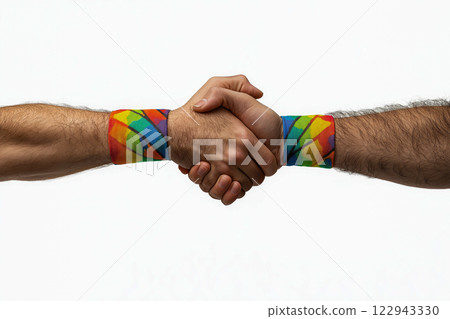 Handshake with Rainbow Pride Wristbands Handshake with Rainbow Pride Wristbands 122943330
