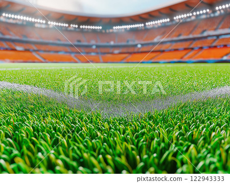 Close-Up View of Soccer Field Grass with Stadium Background 122943333