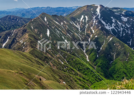 從谷川山脈的萬太郎山望去，白雪皚皚的仙乃倉山 122943446