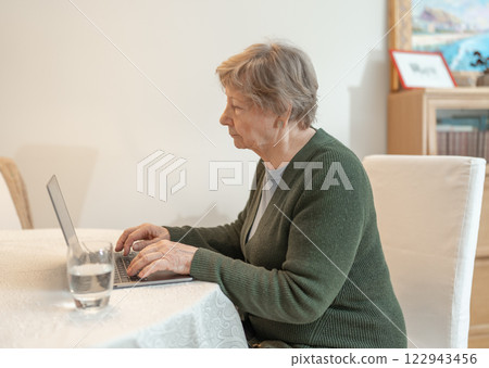 An elderly woman uses a laptop while sitting at a table in a cozy home environment. Concept of technology, digital literacy, online communication, independent learning, and active aging. An elderly woman uses a laptop while sitting at a table in a cozy home environment. Concept of technology, digital literacy, online communication, independent learning, and active aging. 122943456