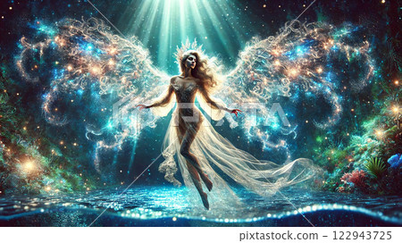 A beautiful angel stands on the ocean floor, emitting particles of light from its shining wings. 122943725