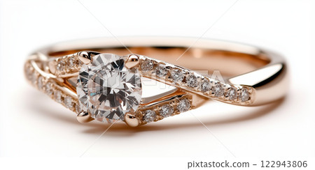 Elegant engagement ring with round diamond and rose gold band 122943806