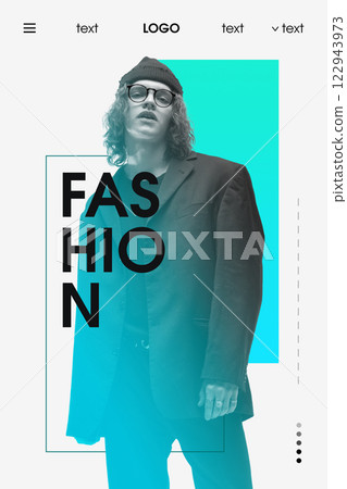 Fashion landing. Stylish man in black suit, beanie, glasses, standing confidently against turquoise gradient background with bold typography and sleek UI elements. Fashion landing. Stylish man in black suit, beanie, glasses, standing confidently against turquoise gradient background with bold typography and sleek UI elements. 122943973