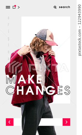 Fashion-forward man in velvet blazer with bowtie and retro cap, featured in interactive modern web layout with bold typography. 122943990