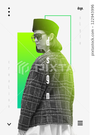 Stylish woman wearing structured plaid coat, sunglasses, and velvet hat, framed by neon green geometric elements and text. Bold creative business aesthetics. 122943996