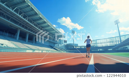 Woman running on a track at an athletics stadium 122944010