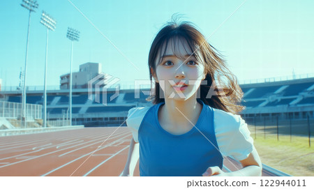 Woman running on a track at an athletics stadium 122944011