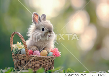 Adorable bunny inside a wicker basket with Easter eggs in the countryside 122944285